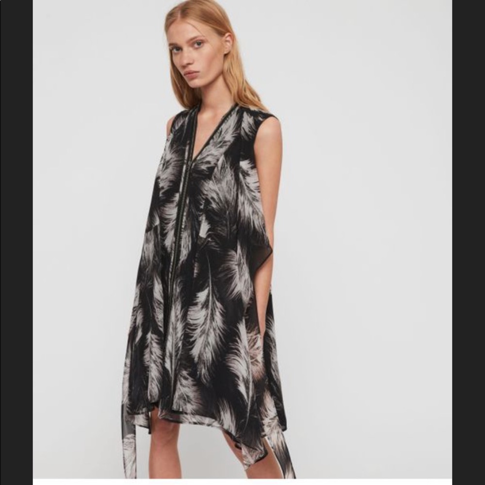 NWT All Saints Jayden Feather Dress Black Sz Medium
